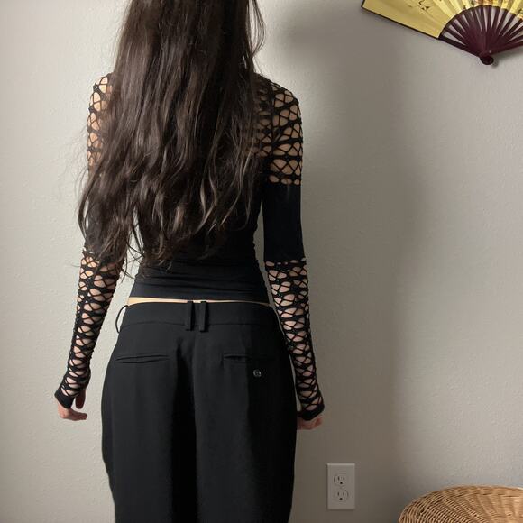 y2k venus black fitted fishnet minimalist long sleeve festival rave goth top - Picture 4 of 6